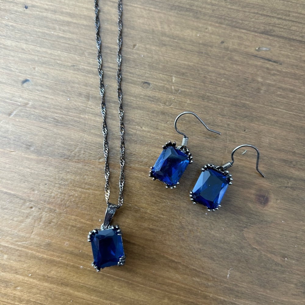Vintage Blue Gemstone Necklace and Earring Set